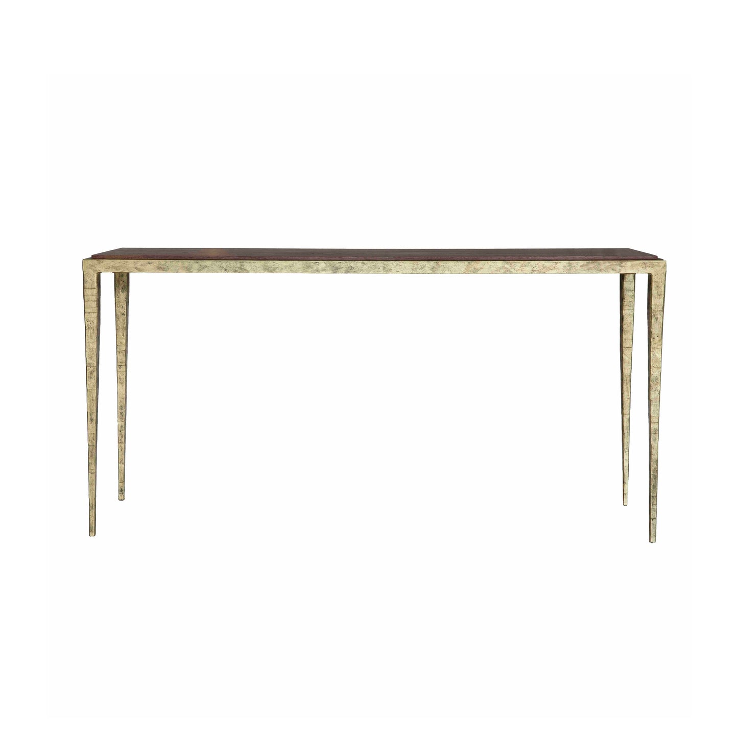 Rectangular table with a dark wooden surface and cast metal legs on a white background