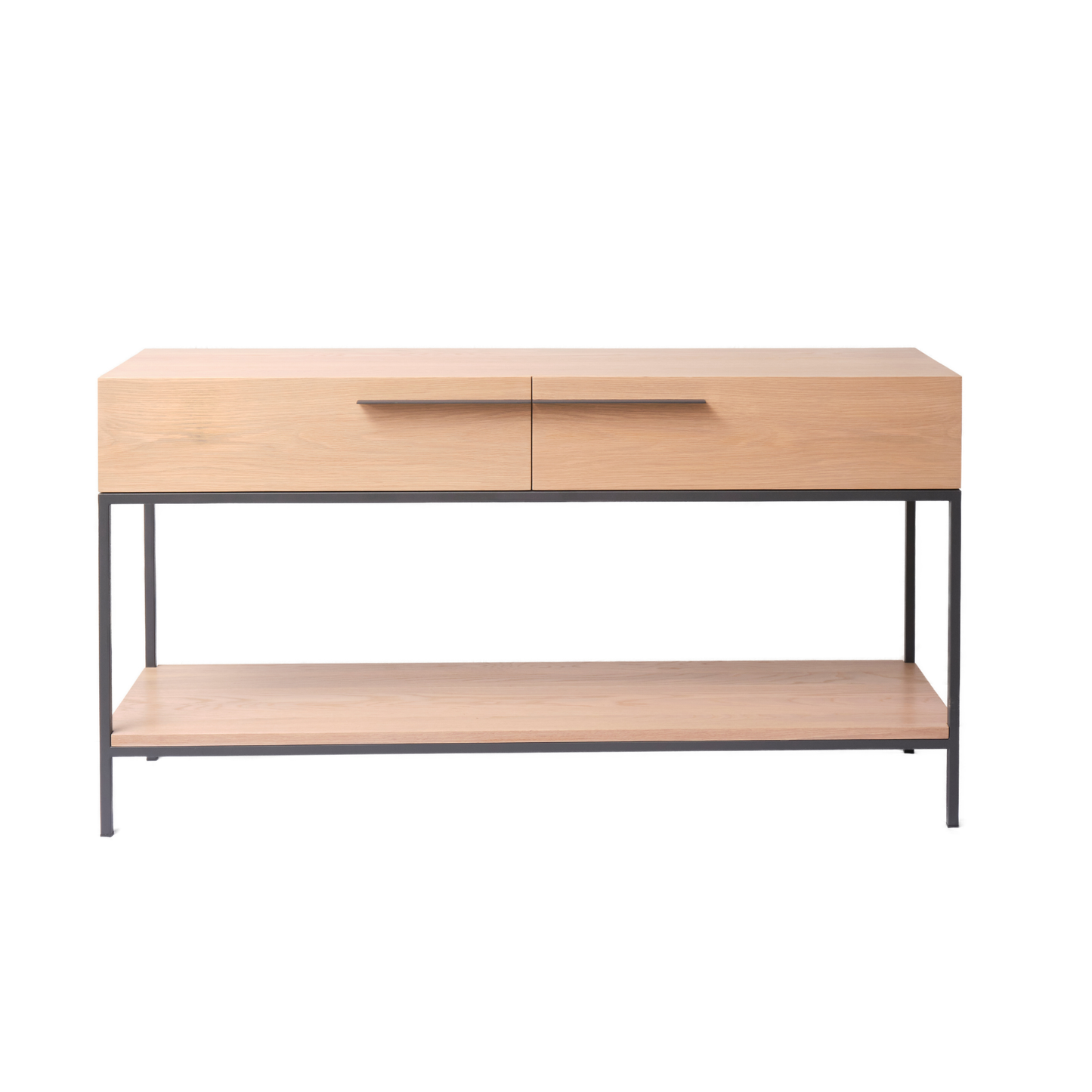 Wooden console table with metal legs on a white background