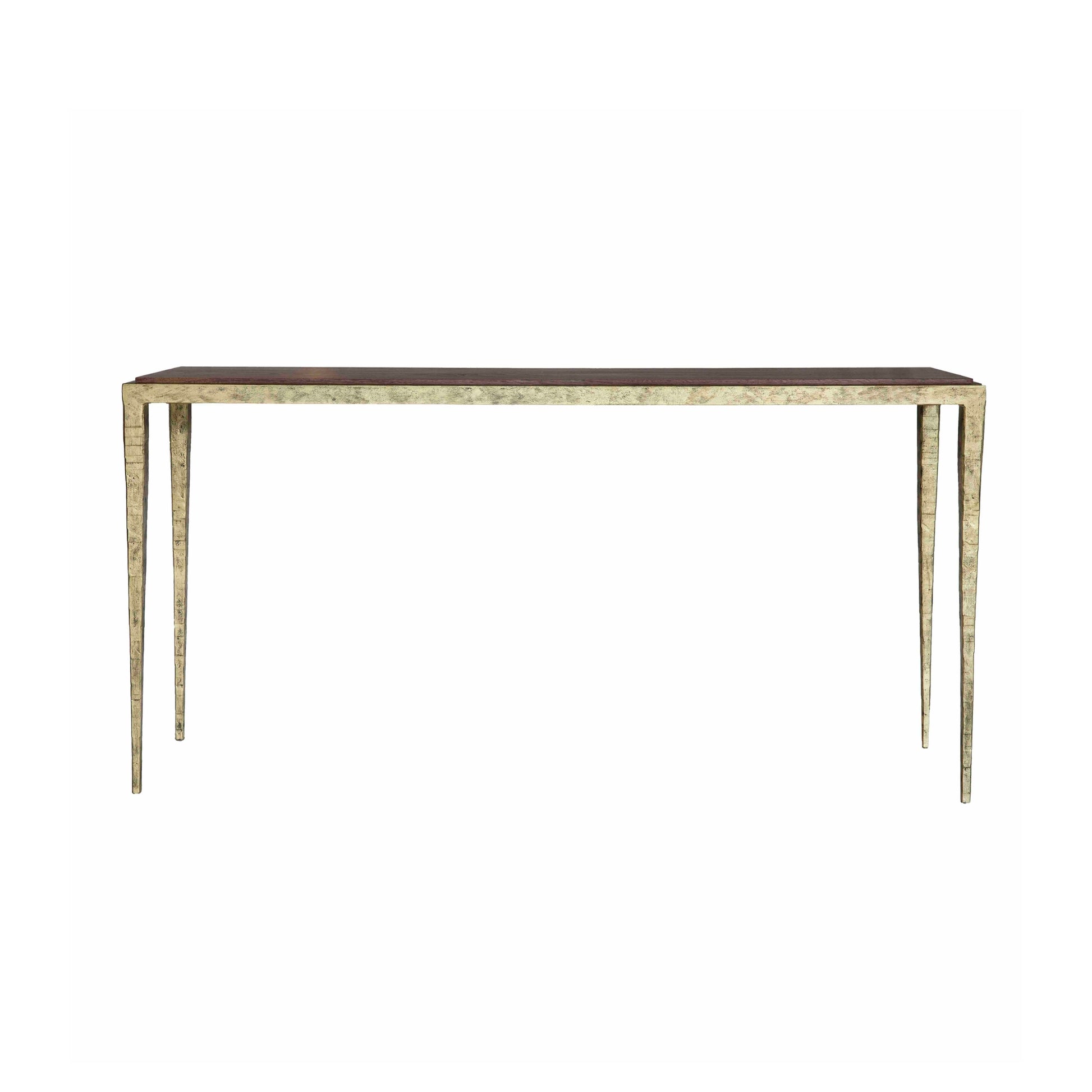 Rectangular table with a dark wooden surface and cast metal legs on a white background