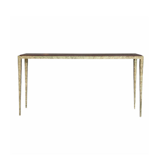 Rectangular table with a dark wooden surface and cast metal legs on a white background